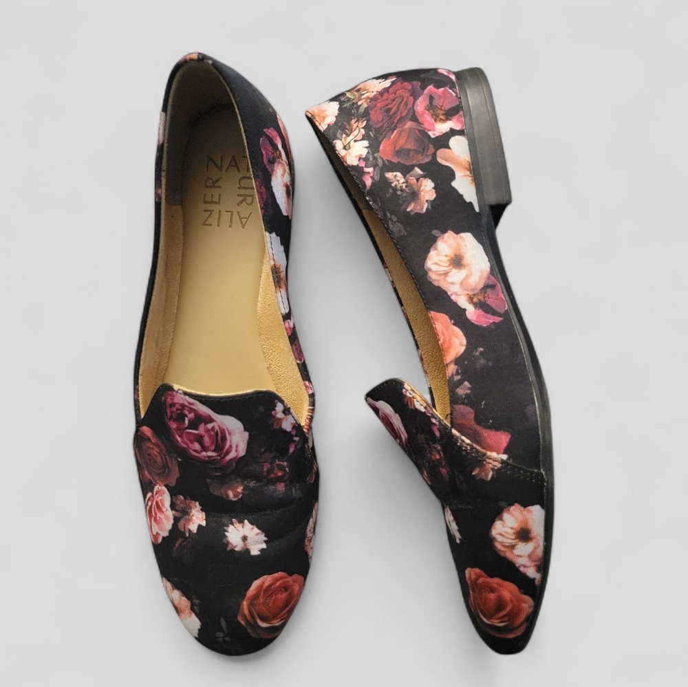Naturalizer Black Floral Slip-On Loafers with Rose Accents